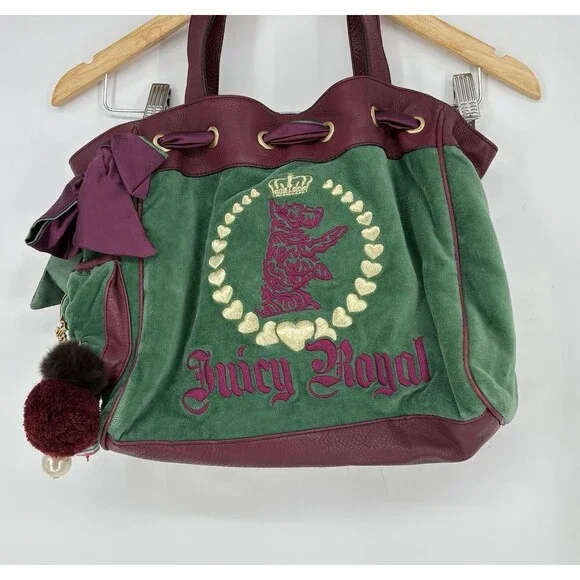 Vintage Juicy Couture Daydreamer Tote Bag Purse Royal Dog Bow Pompom Pin Charm - Picture 1 of 11